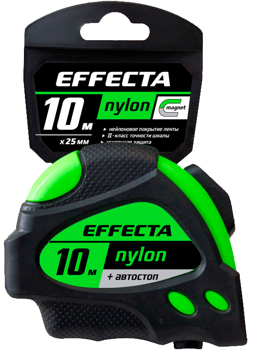 Рулетка Effecta Nylon -10м/25 мм с магнитом, автостопом, лентой нейлон